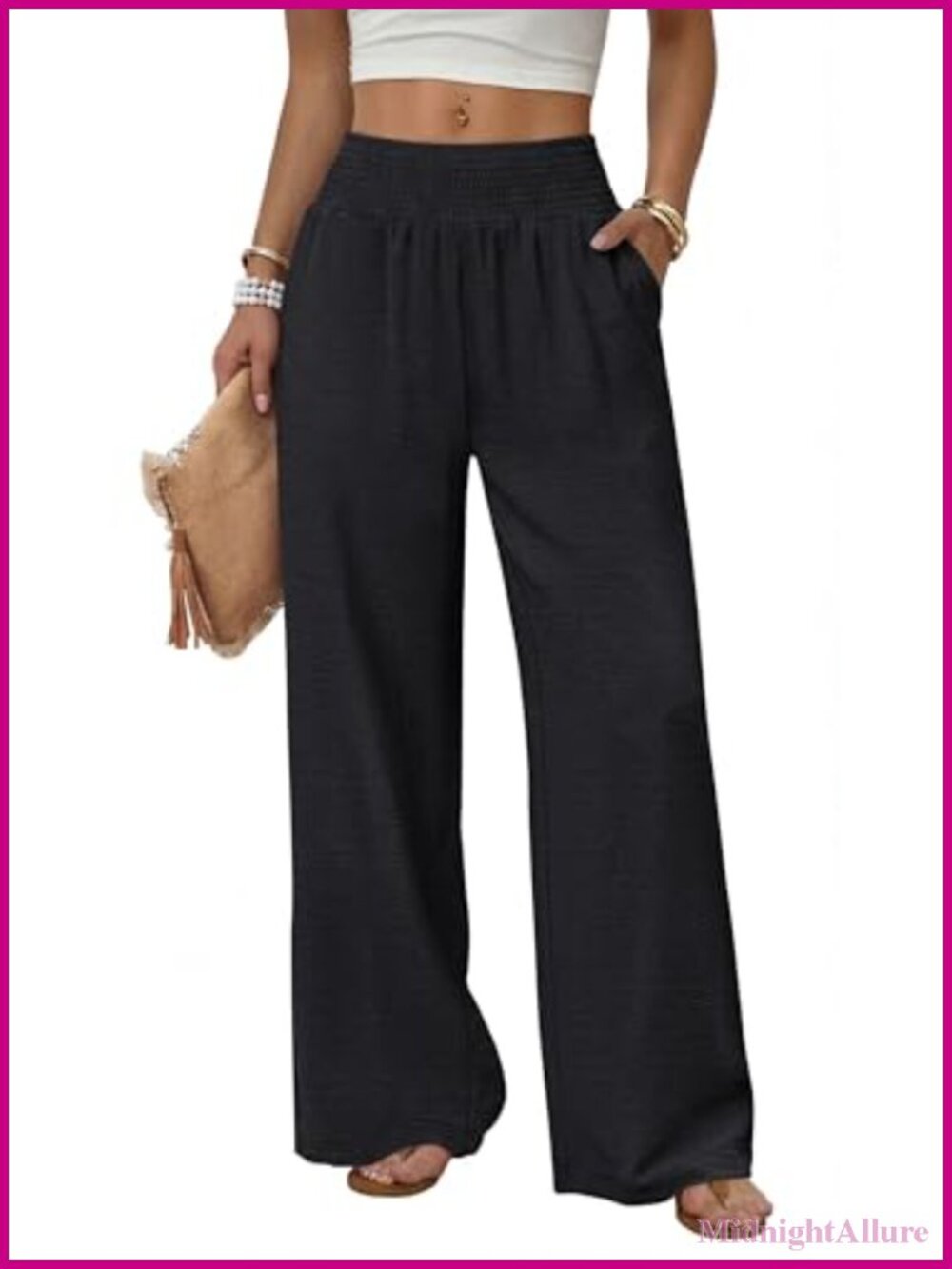 Wide Leg Pants High Waist Trousers with Pockets Casual Lounge 100% Polyester